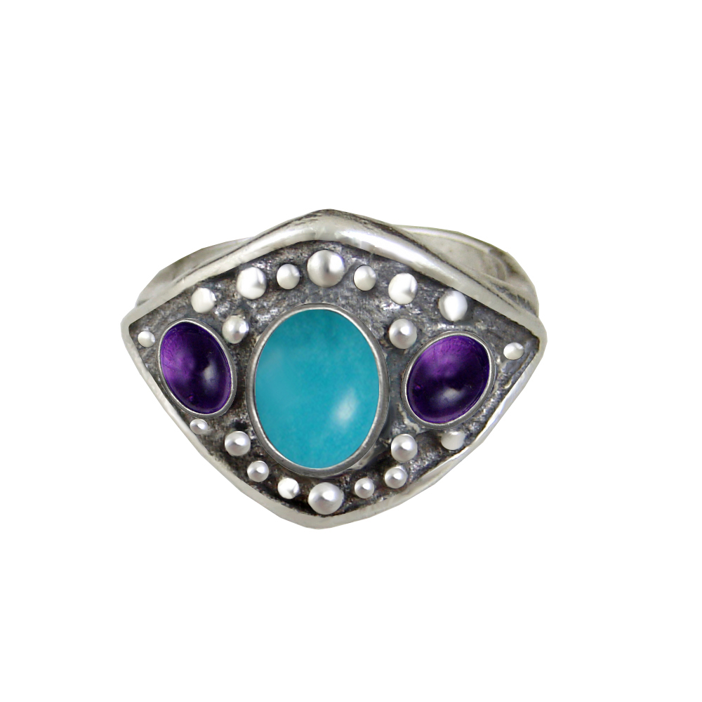 Sterling Silver Medieval Lady's Ring with Turquoise And Amethyst Size 8